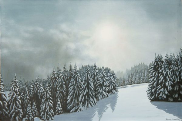 'Storm Subsides' As the name says, the storm subsided and the dark clouds started to clear leaving a beautiful blanket of fresh, crisp snow. The new light on the fresh snow was just magical. This painting is from Les Gets in the Rhône-Alpes region in south-eastern France.